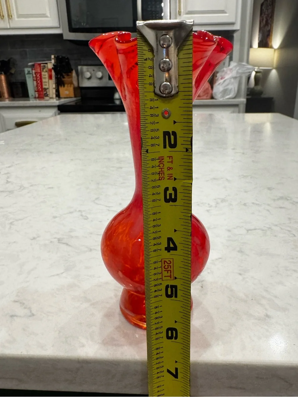 Vintage Red Swirl Art Glass Bud Vase Ruffled Rim 6” - Picture 6 of 6